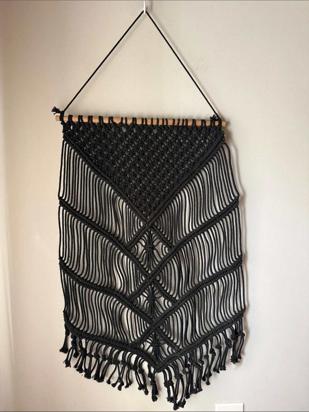 Handmade Black Macrame Wall Hanging Boho Fiber Art Tapestry Fringe Decor 16x30